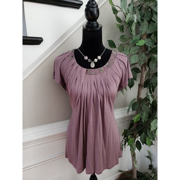 Kenar Shirt Blouse Women's Medium Pink Viscos Jeweled Pleated Neckline - Picture 1 of 12